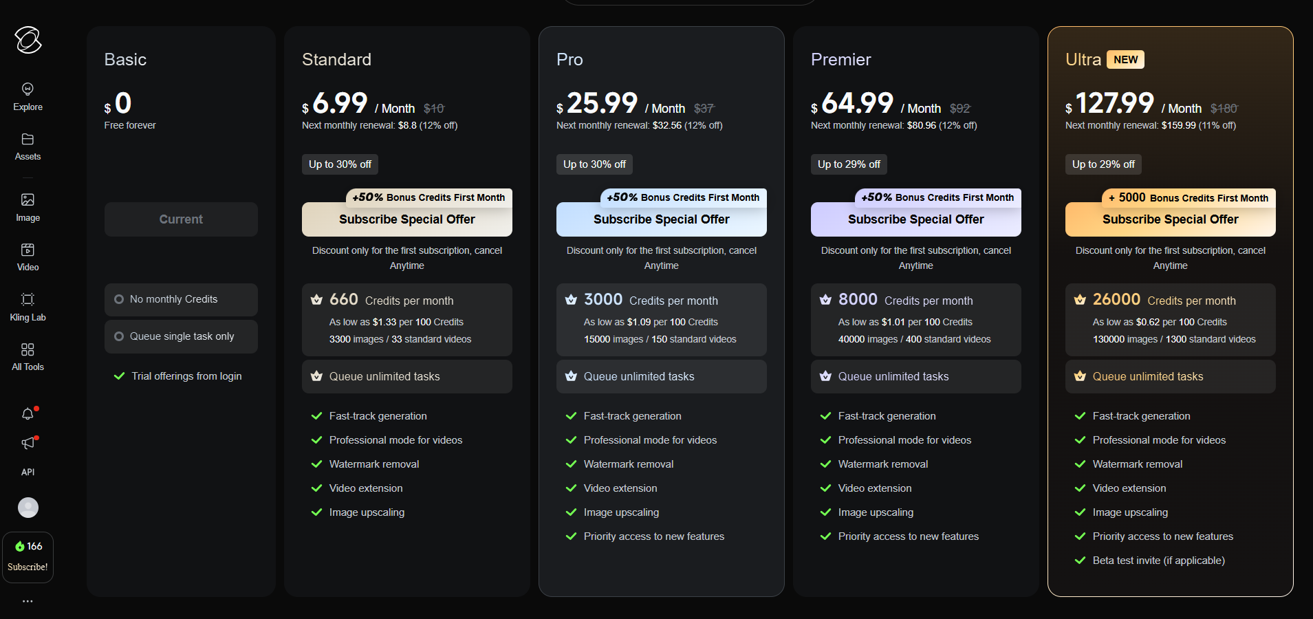 Kling AI planlar sayfası ekran görüntüsü